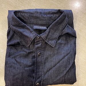 Emporio Armani Black Shirt Mens XL Slim Fit w/ Pearl Buttons Light Denim